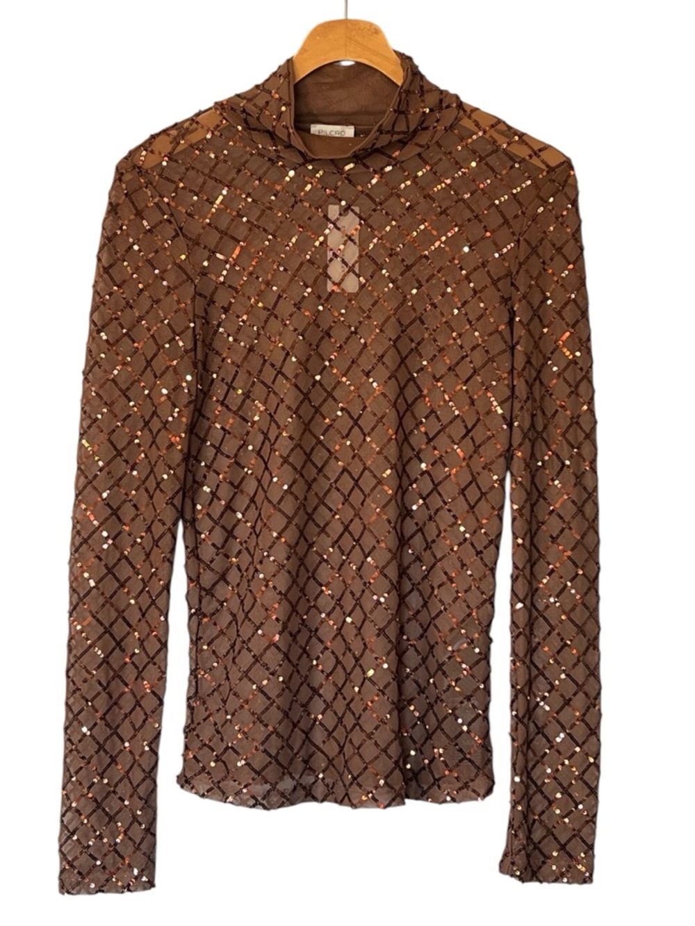 Anthropologie Pilcro Sequin Sheer Mesh Turtleneck Size S Bronze Dark Fairy